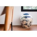 Bleues, jarre motifs floraux, col bleu