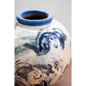 Bleues, jarre motifs floraux, col bleu