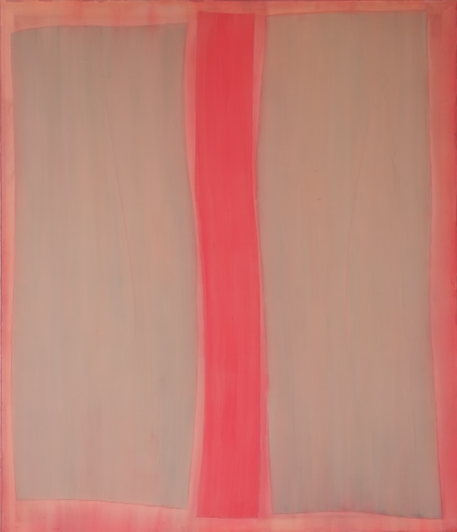 Vertical composition cherry red on blood orange on opal blue