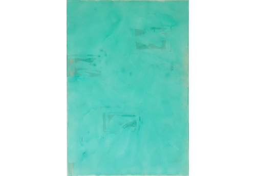Composition of lemon green coloured paper on indigo blue