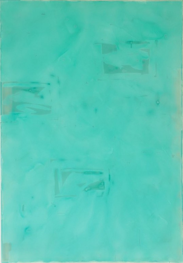 Composition of lemon green coloured paper on indigo blue