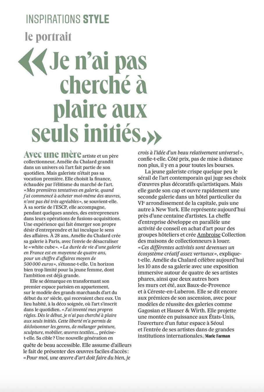 Amélie du Chalard in Les Echos Week-End